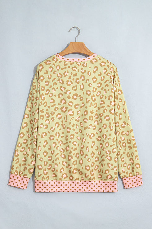 Leopard Polka Dot Trim Long Sleeve Top