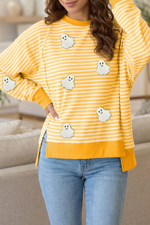 Ghost Patch Stripe Print Round Neck Long Sleeve Tee