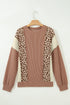 Leopard Print Ribbed Knit Corded Long Sleeve Top