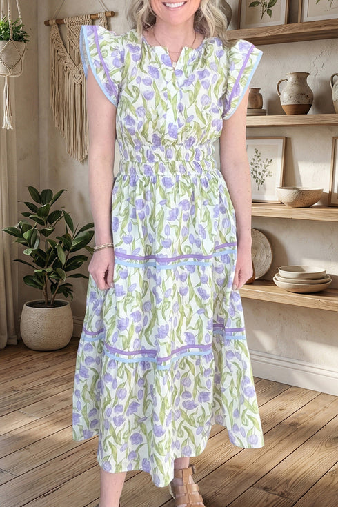 Tulip Floral Print Contrast Trim A Line Midi Dress