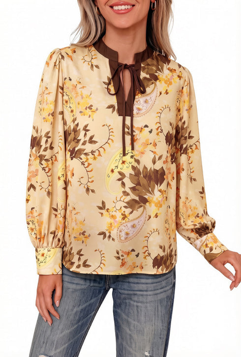 All Over Paisley Tie Neck Bohemian Long Sleeve Blouse