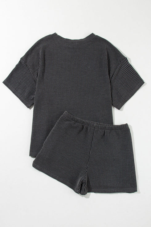 Corded Ribbed Knit Loose Fit Tee And Short Set