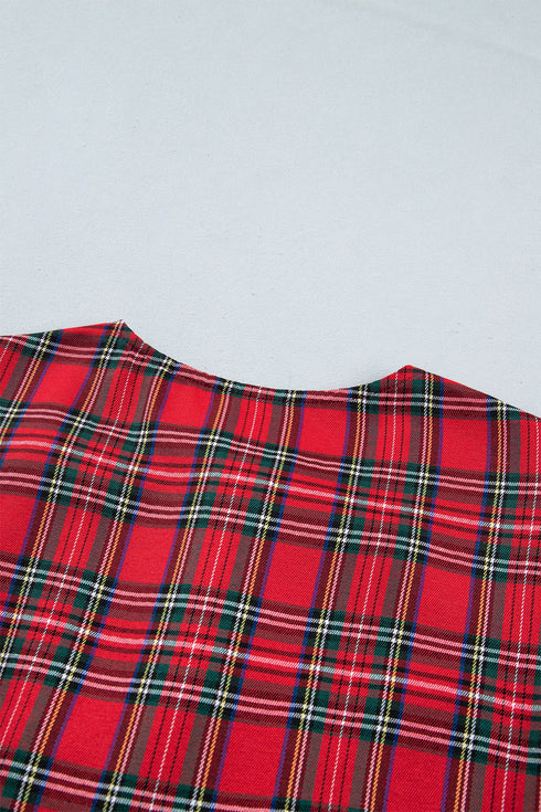 Plaid Knot Neck Short Sleeve Shift Midi Dress