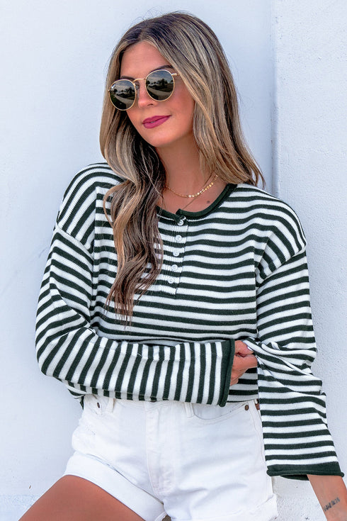 Striped Button Placket Drop Shoulder Long Sleeve Sweater