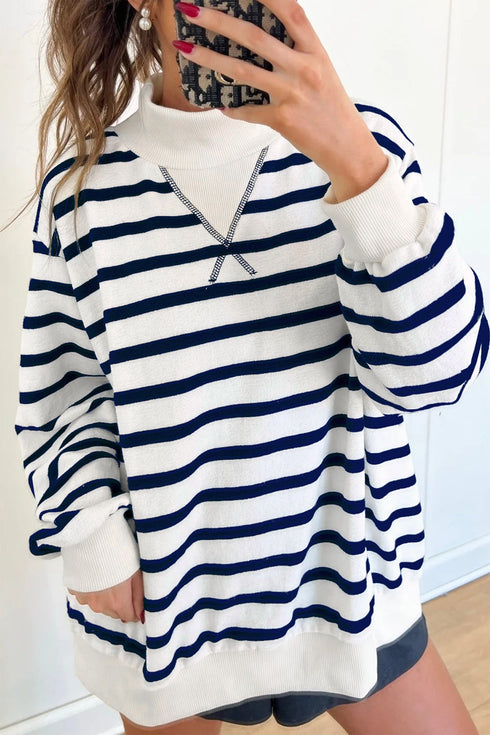 Striped Mock Neck Ribbed Cuff Hem Long Sleeve Sweatshirt