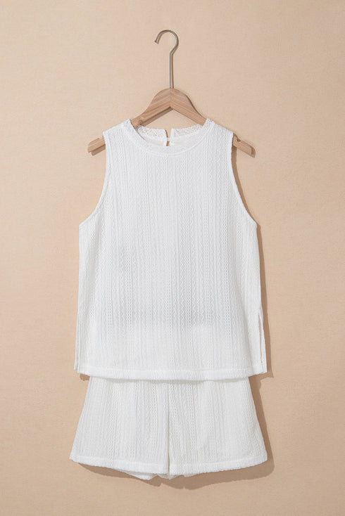 Solid Textured Lace Tank Top And Drawstring Short Sets