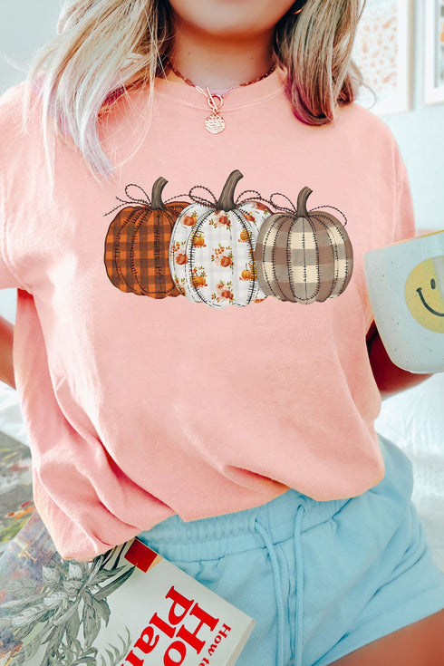 Mixed Pattern Pumpkin Print Round Neck Casual Graphic Tee