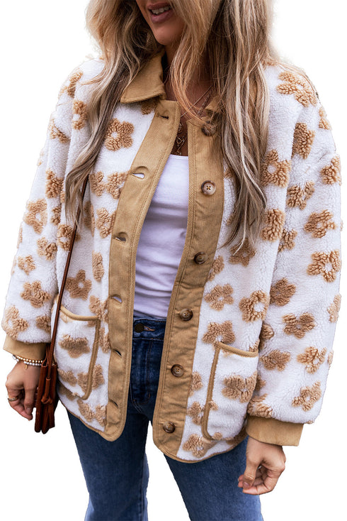Flower Pattern Button Up Sherpa Fleece Jacket