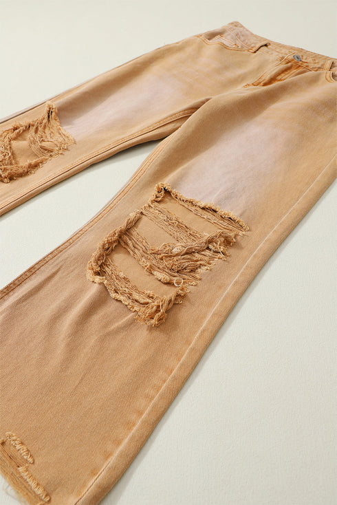 Distressed Hollow Out High Waist Cropped Flare Jeans