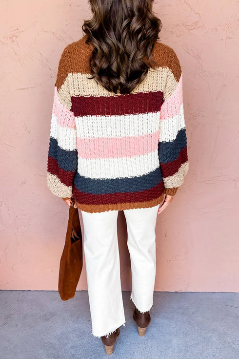 Striped Knit Dropped Shoulder Round Neck Pullover Sweater