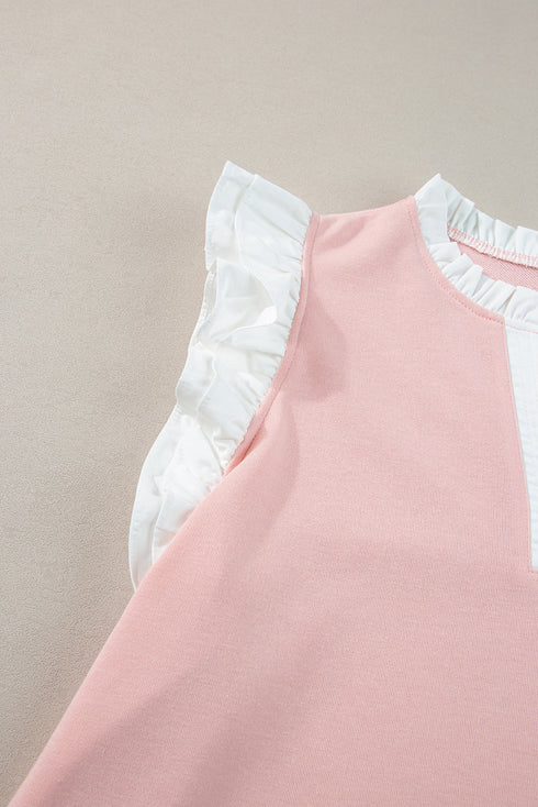 Contrast Trim Ruffled Sleeve Smocked Drawstring Short Set