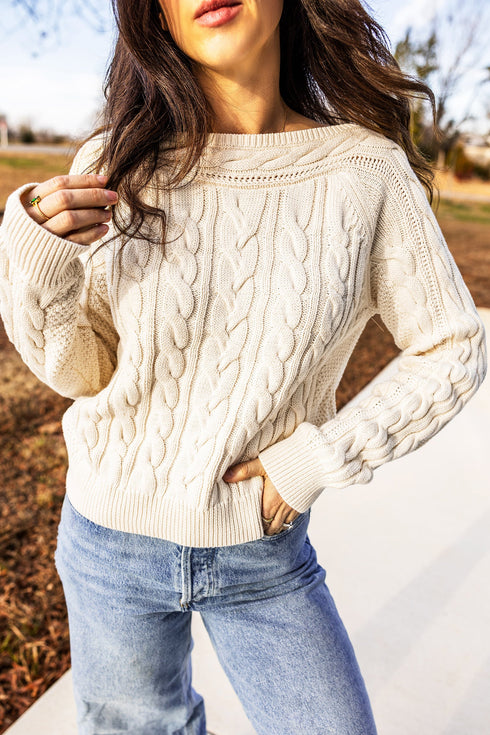 Drop Shoulder Round Neck Cable Knit Sweater