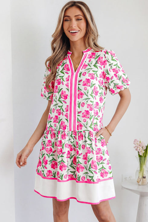 Sweet Floral Print Striped Trim A Line Dress
