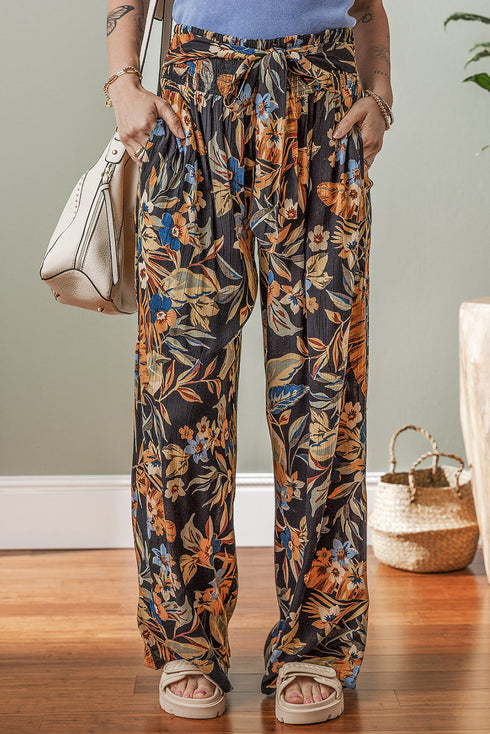 Bohemian Floral Print Smocked Waist Wide Leg Pants