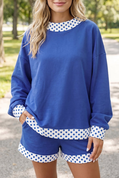 Polka Dot Panel Trim Baggy Mock Neck Pullover Short Set