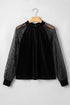 Sheer Lace Velvet Patchwork Stand Neck Long Sleeve Blouse