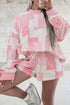 Patchwork Floral Print Drop Shoulder Baggy Pullover Drawstring Short Set