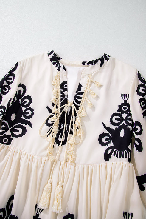 Abstract Print Fringe Tassel Bohemian Western Mini Dress