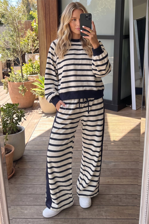 Striped Relaxed Long Sleeve Top Drawstring Pant Set