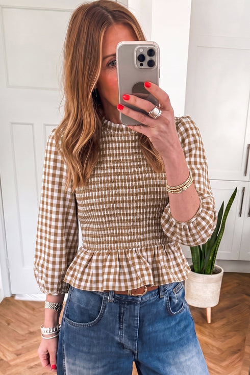 Plaid Shirred Smocked Peplum Three Quarter Sleeve Blouse