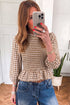 Plaid Shirred Smocked Peplum Three Quarter Sleeve Blouse