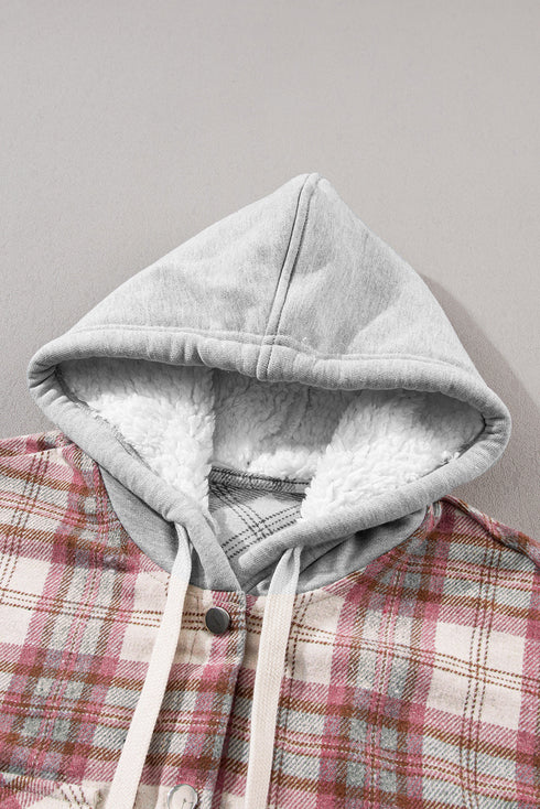 Distressed Plaid Flap Pocket Hooded Raw Hem Shacket