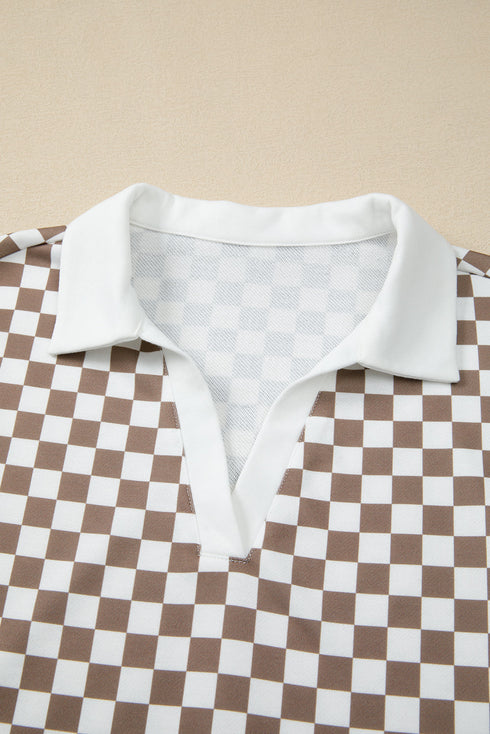 Checkered Polo Collar Long Sleeve Mini Skirt Two Piece Dress