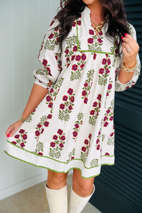 Frilled V Neck Three Quarter Sleeve A Line Floral Dress