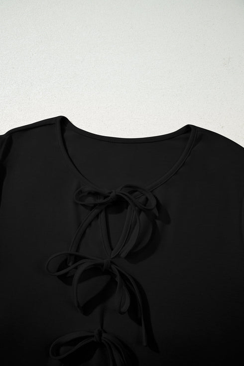 Bow Tie Front Long Sleeve Flared Peplum Blouse