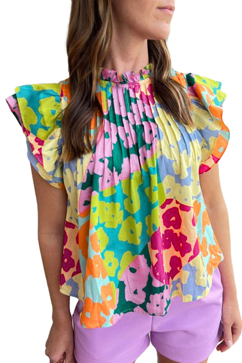 Abstract Print Ruffled Mock Neck Pleated Blouse