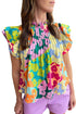 Abstract Print Ruffled Mock Neck Pleated Blouse