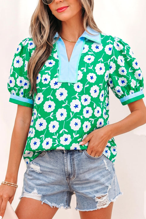 All Over Floral Print Contrast Patchwork Collar Short Sleeve Blouse