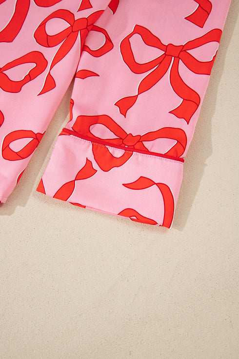 Bow Print Long Sleeve Wide Leg Sleepwear