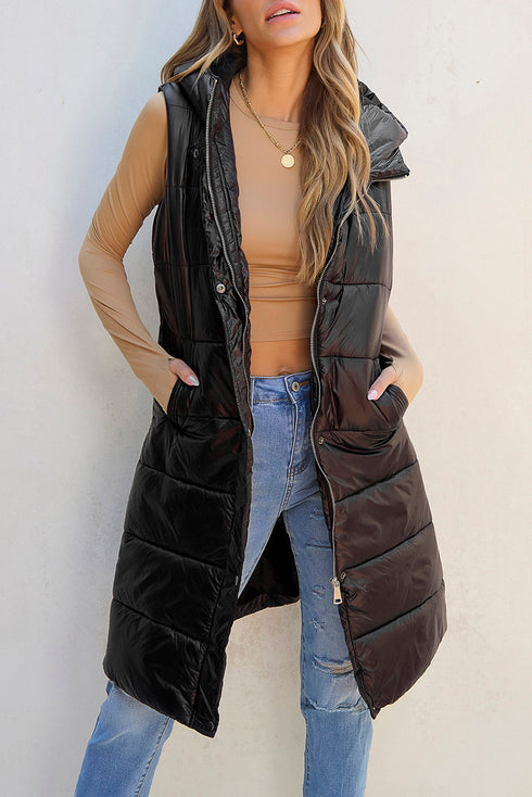 Exclusive Solid Long Quilted Hooded Puffer Vest