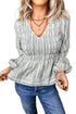 Striped Textured V Neck Shirred Southern Belle Long Sleeve Blouse