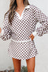 Checkered Polo Collar Long Sleeve Mini Skirt Two Piece Dress