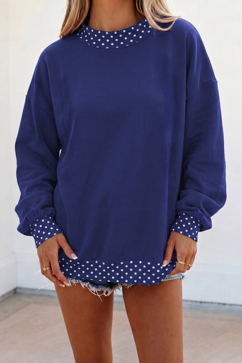 Polka Dot Patchwork Trim Mock Neck Oversized Sweatshirt