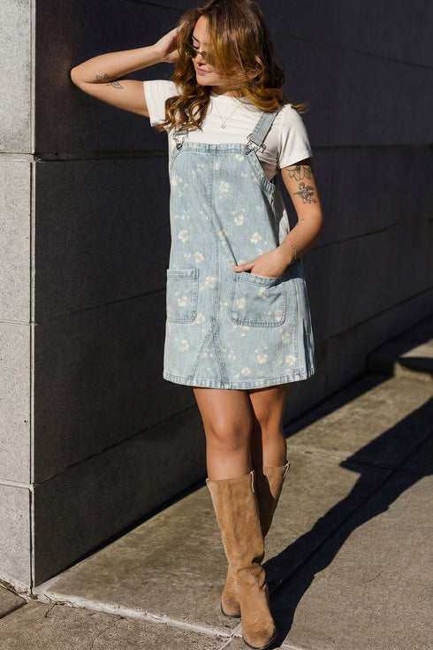 Retro Denim Floral Print Overall Mini Dress