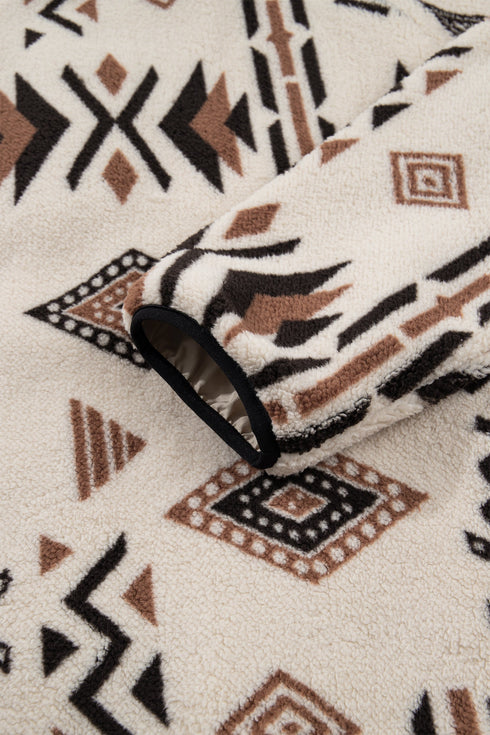 Geometric Print Long Sleeve Shirt Collar Zip Up Placket Binding Tape Jacket