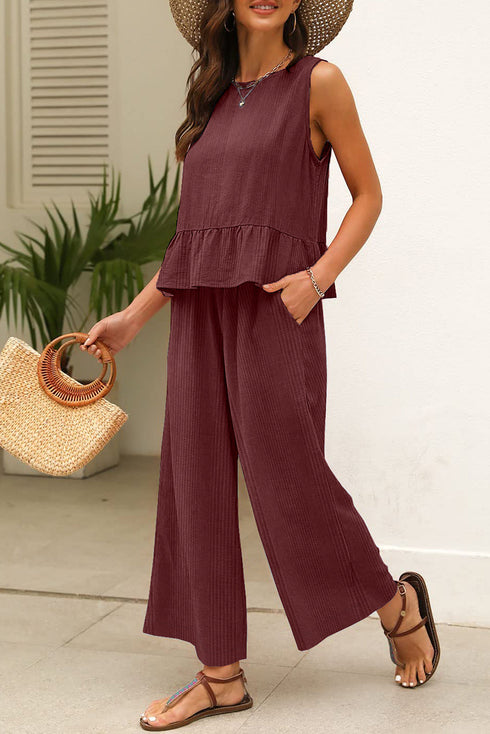 Textured Ribbed Ruffle Tank Top Wide Leg Pant Set
