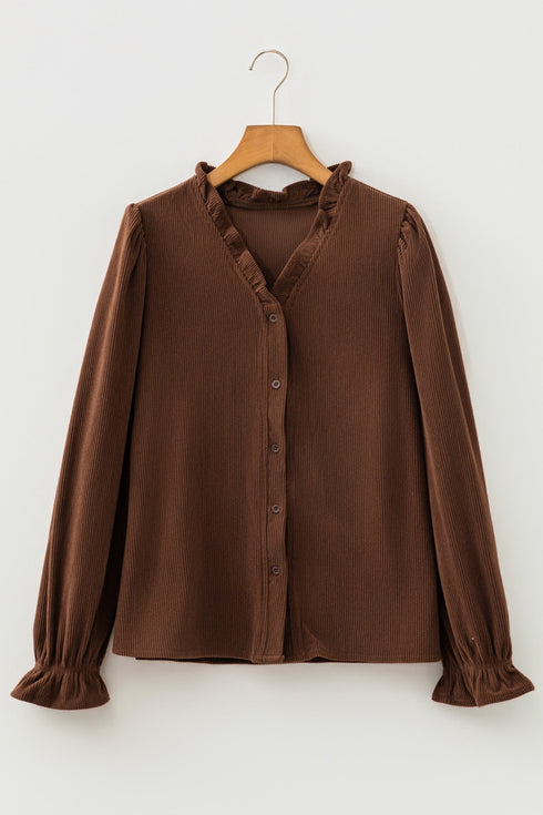 Solid Ruffle Trim V Neck Long Sleeve Button Corduroy Jacket
