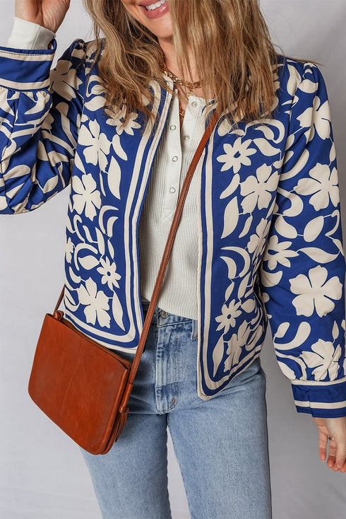 Bohemian Floral Print Open Front Buttoned Cuff Jacket