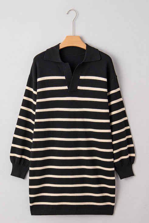 Striped Collared Long Sleeve Knit Polo Sweater Dress