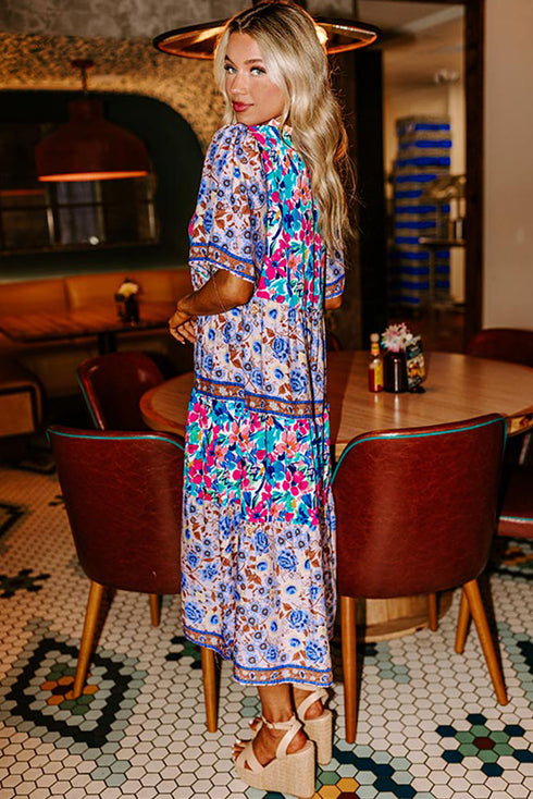 Mixed Floral Print Tie Split Neck Short Sleeve Dress