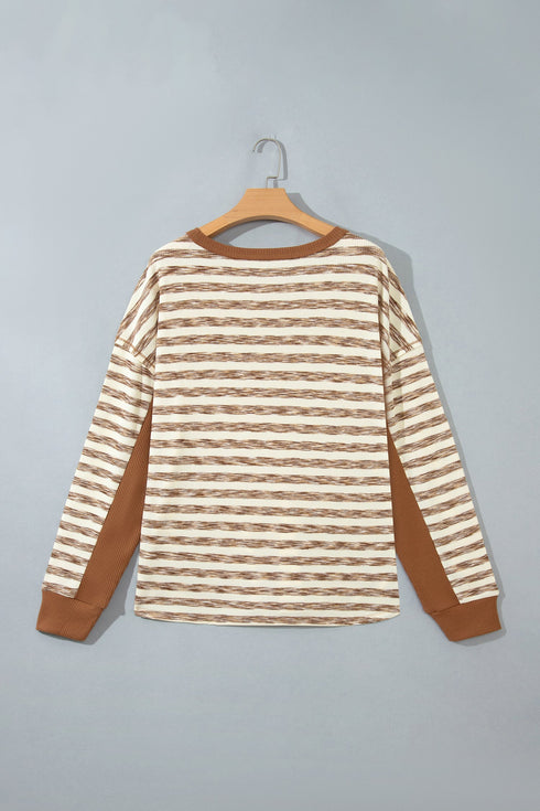 Striped Waffle Knit Round Neck Long Sleeve Top