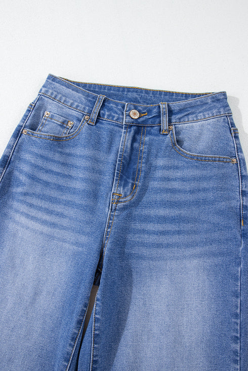 High Rise Straight Loose Raw Hem Cuffed Jeans