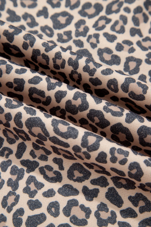 Leopard Print High Neck Long Sleeve Ribbed Cuffs Hem Sweatshirt