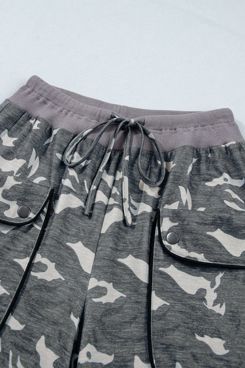 Camouflage Print Drawstring Waist Cargo Barrel Pants