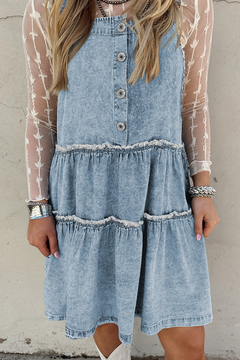 Washed Denim Tiered Flowy Western Overall Mini Dress