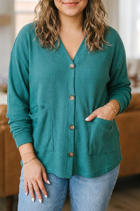 V Neck Waffle Textured Button Front Tunic Long Sleeve Jacket